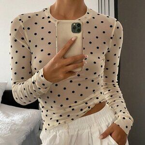 Beige Casual Women's Polka Dot Slim Fit Round Neck Long Sleeve Top
